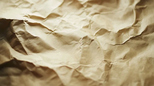 Close view of crumpled brown kraft paper surface texture.