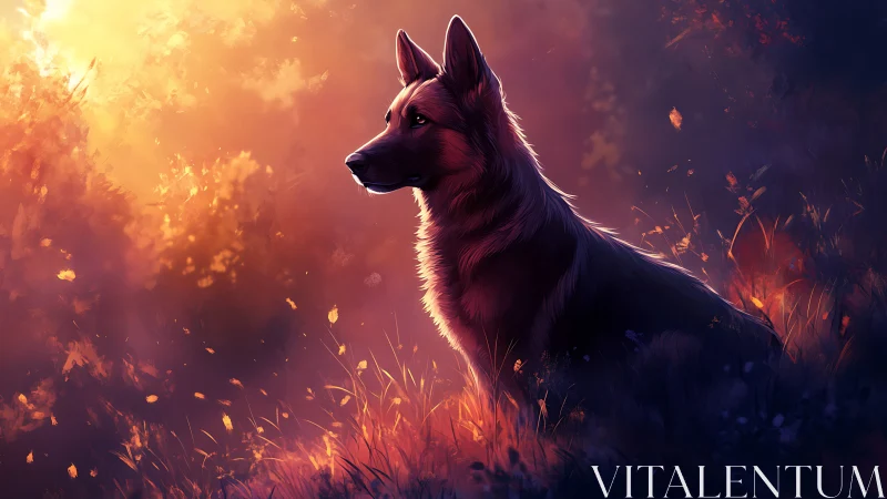 Shepherd dog silhouette glows in fiery twilight meadow