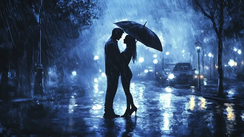 Rainy Night Romance Under Umbrella.