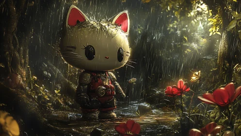 Armored cat explorer pauses in a rain-soaked forest glade.