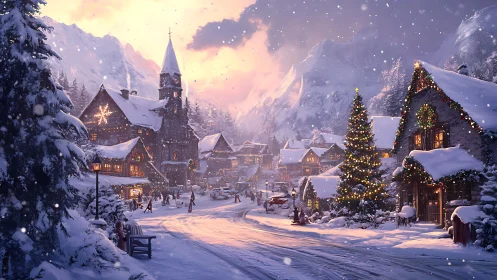 Snowlit mountain village wrapped in golden holiday hush.