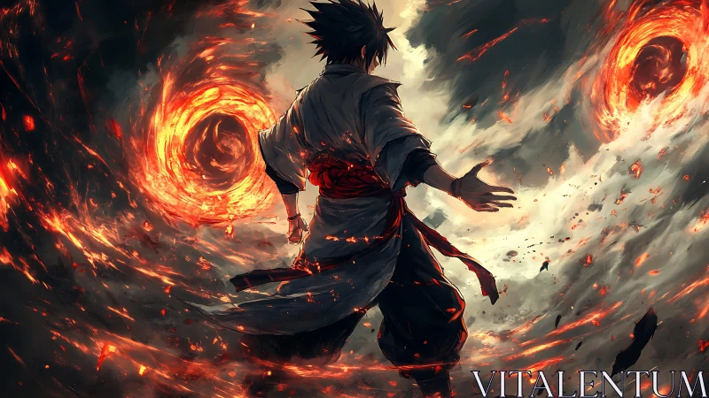 Storm-walking warrior bends twin fire vortex worlds.