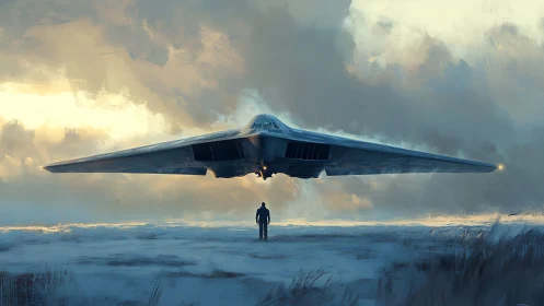 Stealth bomber silhouette over frozen tundra at dusk sky.