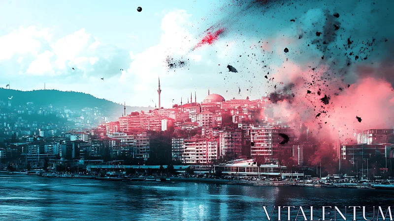 Bicolored urban waterfront under stylized explosive impact effect