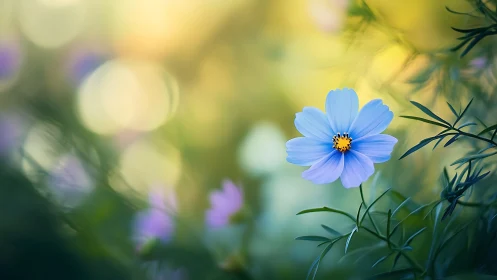 Blue wildflower in soft focus garden light background.
