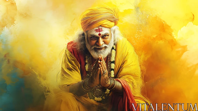 Holy man in saffron robes bows amid radiant yellow clouds.