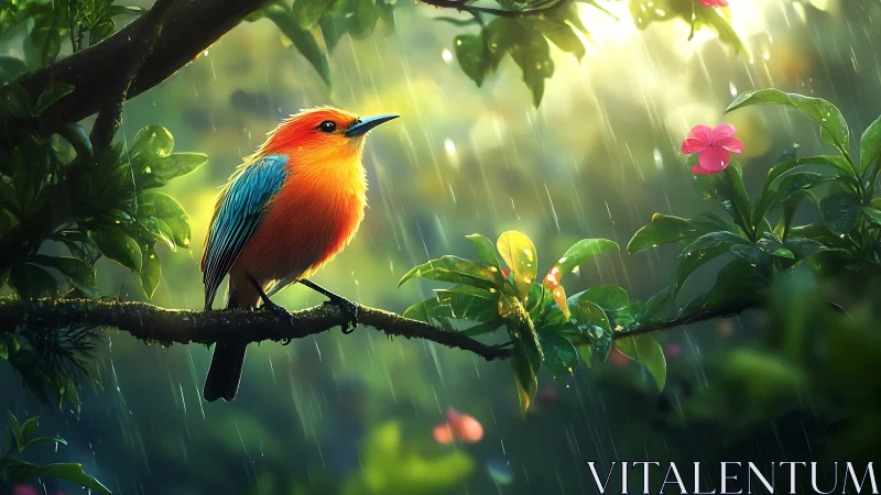 Vibrant orange bird on a rainy branch in lush digital artwork.