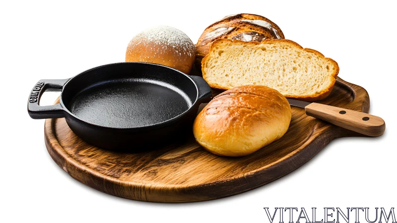 Cast iron skillet with fresh bread and wooden serving board