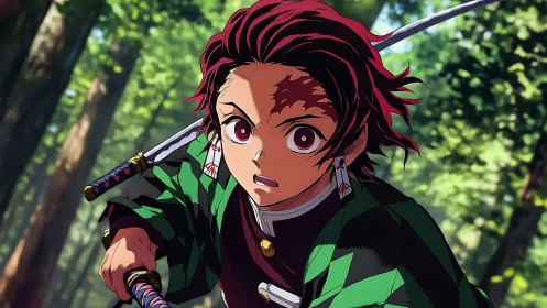 Dynamic anime swordsman in forest, high-intensity action study.