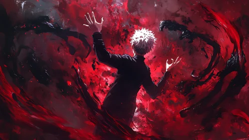 Backlit sorcerer manipulates swirling red-black energy vortex field