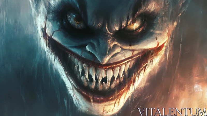 Sinister demonic clown lunges from firelit shadows, grinning wide