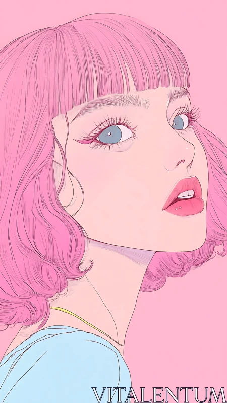 Pink haired girl gazes upward in minimalist pastel portrait