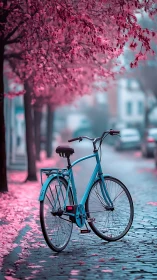 Blue Bicycle Under Vibrant Pink Blossoms.