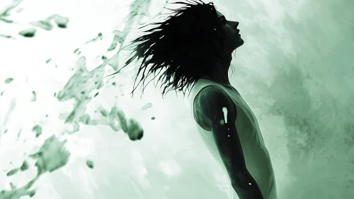 Dream-soaked silhouette rising through soft green waves.