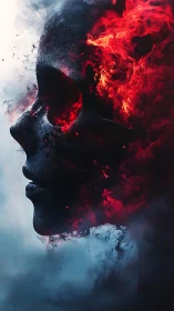 Emberborn visage blazing through smoke and shadowed sky.