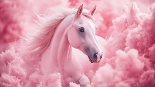 Dreamy pink horse drifting through cotton candy clouds.