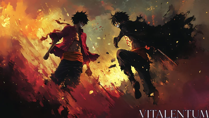 Dual cloaked warriors locked in midair clash amid firestorm