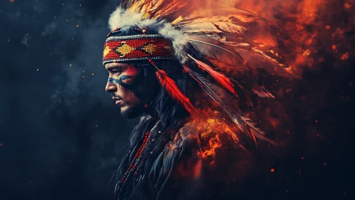 Profile portrait merges feathered headdress with fiery abstraction