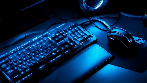 Gaming keyboard and mouse glow with electric blue backlight.