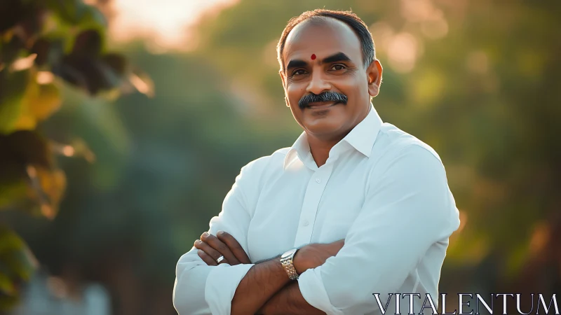 Confident middle-aged man smiles in warm outdoor light.