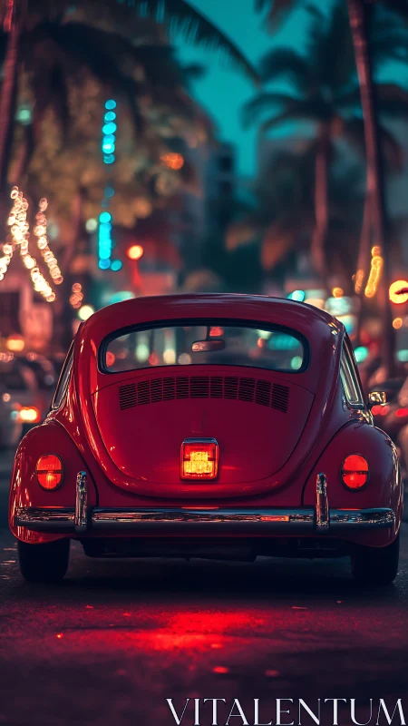 Red vintage car on city street under neon evening glow.