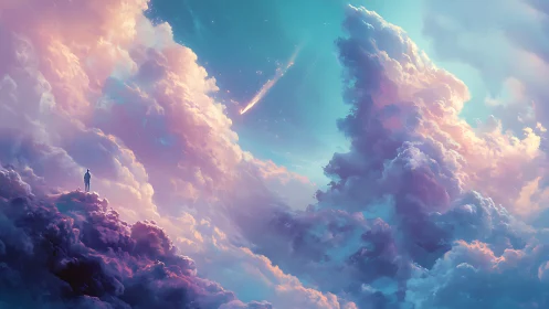 Solitary dreamer watches a falling star in pastel skies