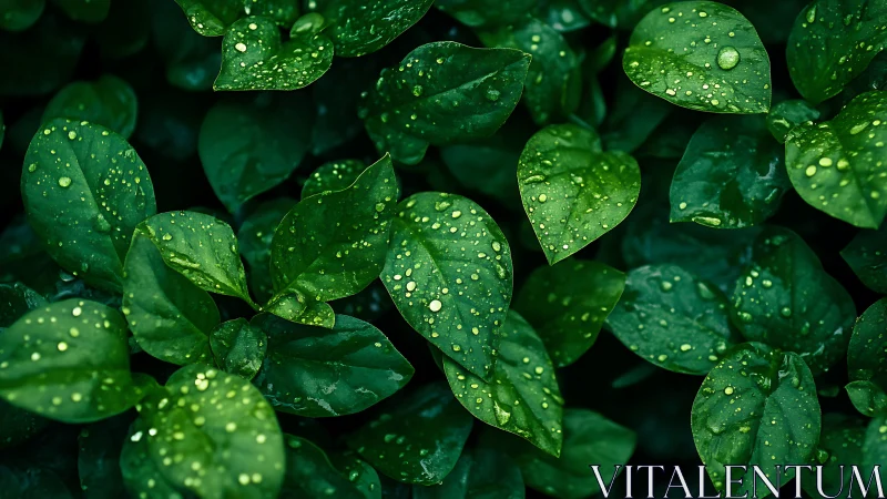 Raindrops scatter like tiny lanterns across emerald leaves