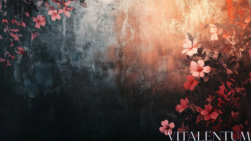 Weathered Wall Blooming Pink Flowers Gradient Decay