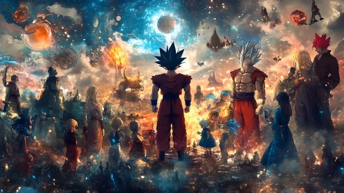 Heroes stand united beneath a vast, glowing cosmic sky.