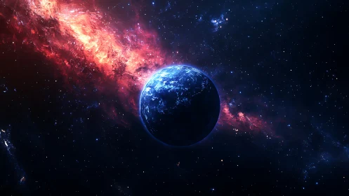 Distant blue planet hangs before a blazing red nebula.