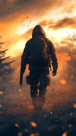 Armored soldier silhouette advances through ember‑lit battlefield haze