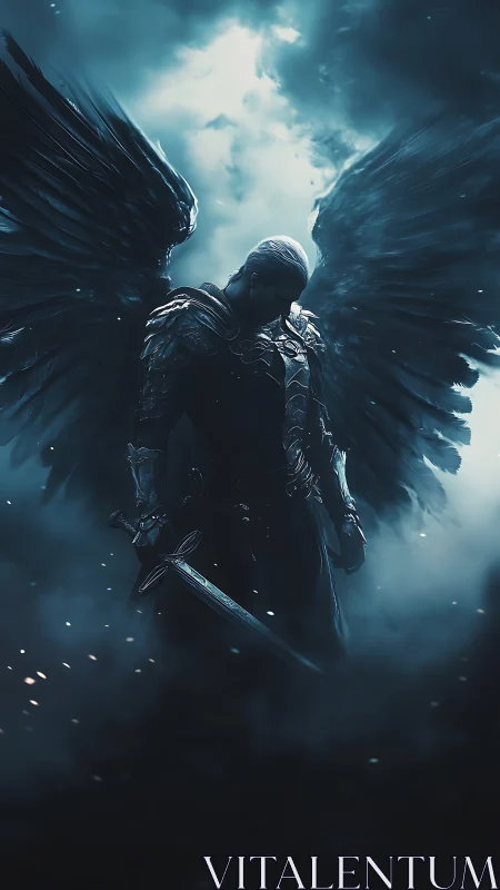Brooding winged warrior pauses beneath a stormlit sky