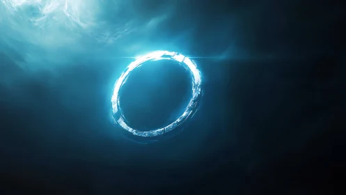 Luminous circular structure suspended in dark void field.