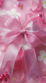 Pink Sparkled Bow with Bokeh Flowers Background