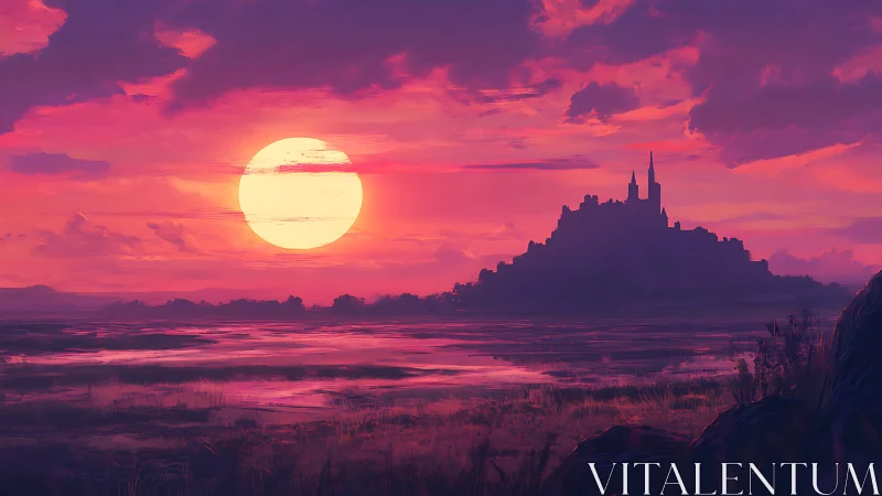 Silhouetted castle against large setting sun over wetlands.