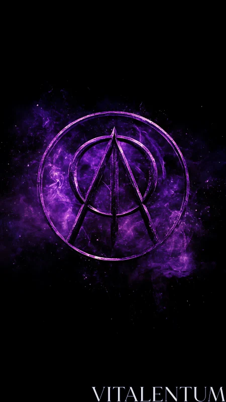 Geometric emblem with concentric rings overlays purple nebula
