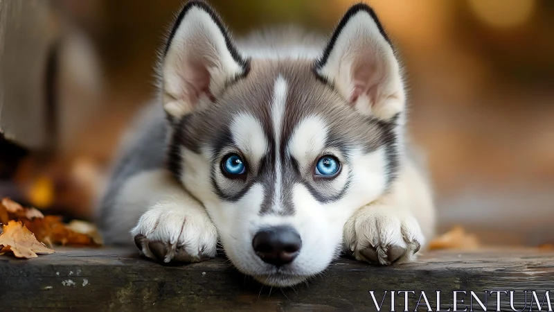 Bright-eyed husky puppy rests quietly on autumn wooden step