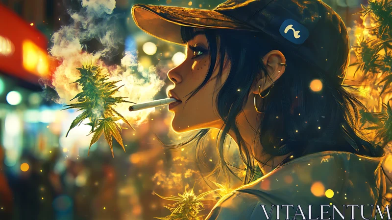 Young woman smoking in neon city with glowing cannabis.