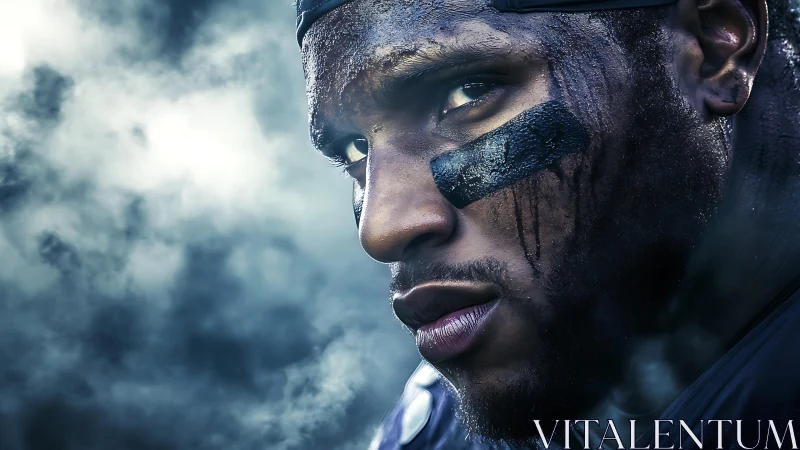 Gridiron warrior glares through battle sweat and smoke.