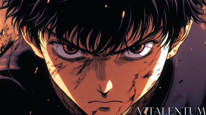 Battle-worn anime close-up with high-contrast dynamic lighting.