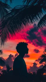 Silhouette portrait under neon-gradient tropical sunset sky