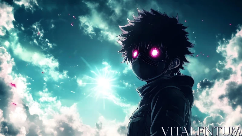 Masked neon-eyed wanderer under blazing cyan sky.