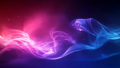 Abstract pink and blue light waves on dark gradient background.