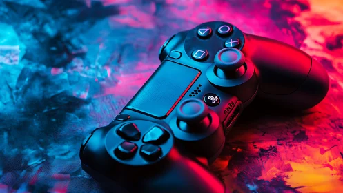 Gaming controller glows in vivid neon light and color haze.