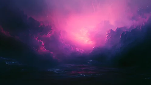 Nebula storm ignites a surreal magenta ocean horizon glow.