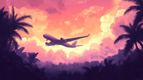 Sunset airplane drifts over tropical palms in glowing sky