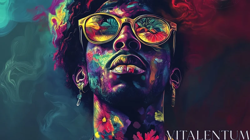 Portrait depicts stylized figure with saturated multicolor lighting
