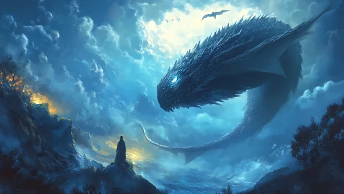 Epic fantasy seascape with colossal sky-serpent encounter.