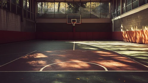 Indoor basketball court in filtered afternoon light.