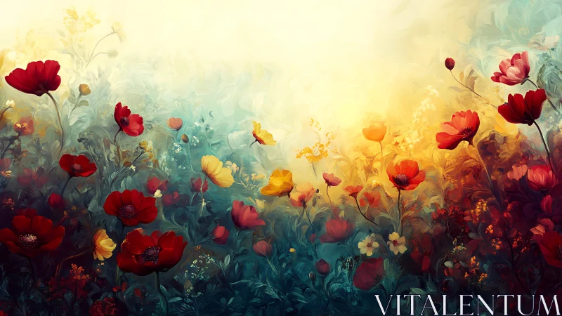 Garden of Dreams: Red and Golden Wildflowers at Sunrise.